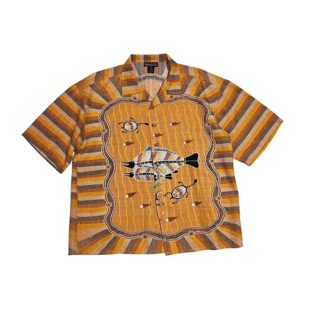 Montage Shirt Microfiber Tropical Tribal Fish Print Wooden Buttons Hawaii‎ Shirt